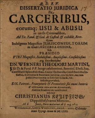 Diss. iur. de carceribus, eorumque usu et abusu in causis criminalibus