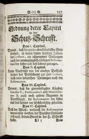 Ordnung derer Capitel in der Schutz-Schrifft.