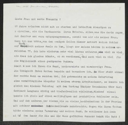 Brief von Gerhart Hauptmann an Elfriede Grundmann