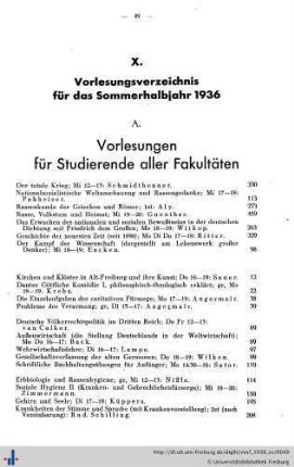 X. Vorlesungsverzeichnis für das Sommerhalbjahr 1936