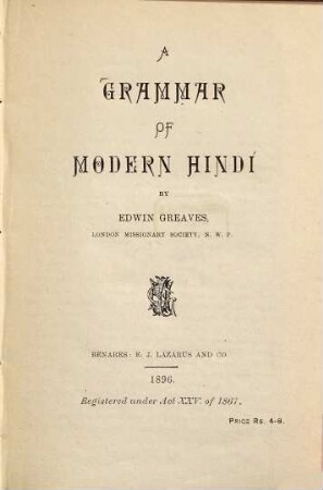 A Grammar of Modern Hindi