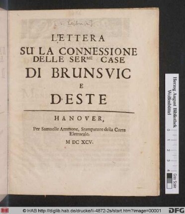 Lettera Su La Connessione Delle Ser[enissi]me Case Di Brunsvic E D'Este