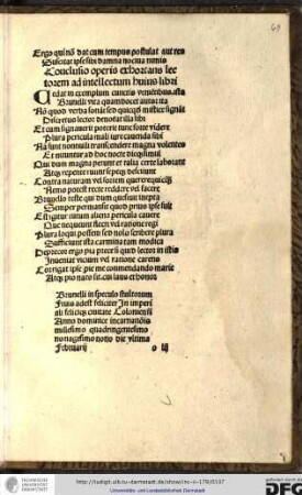 Brunelli in speculo stultorum finis adest feliciter in imperiali felicique civitate Coloniensi anno dominice incarnationis millesimo quadringentesimo nonagesimo nono die ultima Februarii.
