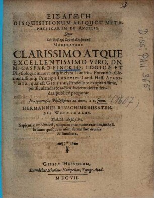 Eisagōgē Disquisitionum Aliquot Metaphysicarum De Angelis
