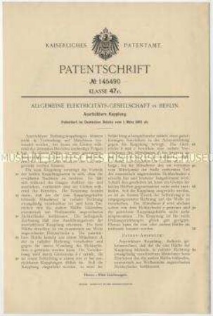 Patentschrift einer ausrückbaren Kupplung, Patent-Nr. 145490
