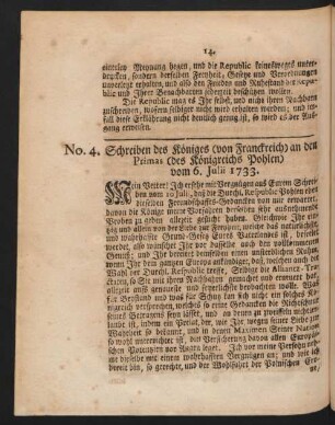 No. 4. Schreiben des Königes (von Franckreich) an den Primas (des Königreichs Pohlen) vom 6. Julii 1733.