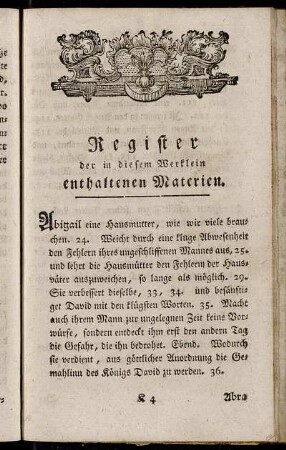 Register der in diesem Werklein enthaltenen Materien