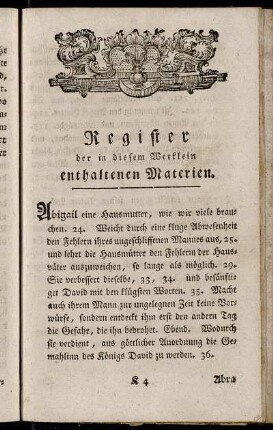 Register der in diesem Werklein enthaltenen Materien