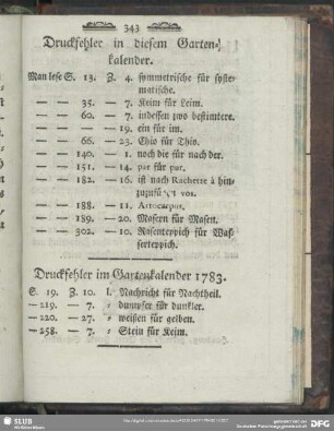 Druckfehler im Gartenkalender 1783