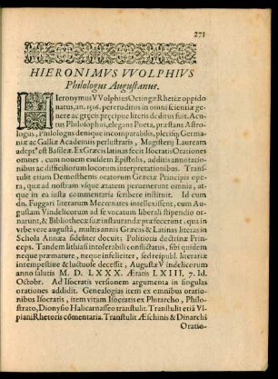 Hieronimus Wolphius Philologus Augustanus.
