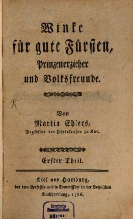 Winke für gute Fürsten, Prinzenerzieher und Volksfreunde, 1