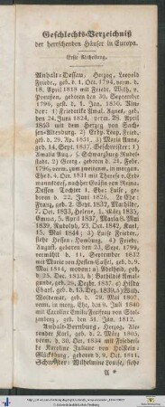 Geschlechts-Verzeichniß der herrschenden Häuser in Europa. Erste Abtheilung.