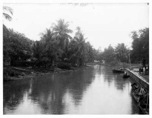 Fort de France, Martinique. Blick entlang des Stadtkanals Canal Levasseur mit bewachsener Uferböschung und Booten
