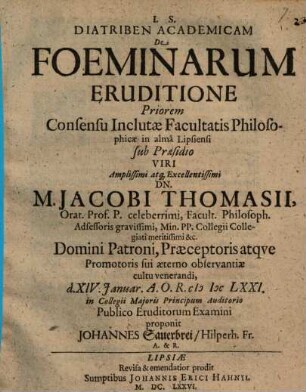 Diatriben acad. de foeminarum eruditione priorem