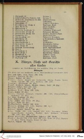 X. Münzen, Maße und Gewichte aller Länder verglichen mit Mark-Währung, dem metrischen Maß und Gewicht.