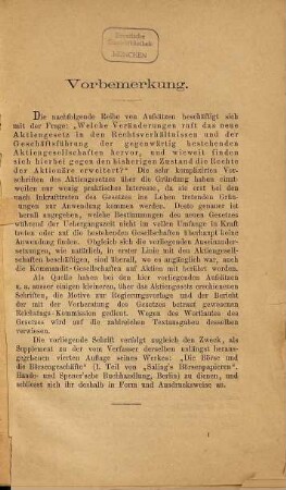 Die Rechte der Aktionäre und der Schutz ihrer Interessen nach dem neuen Aktiengesetz vom 18. Juli 1884