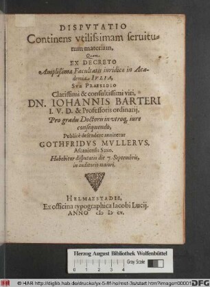 Disputatio Continens utilissimam servitutum materiam