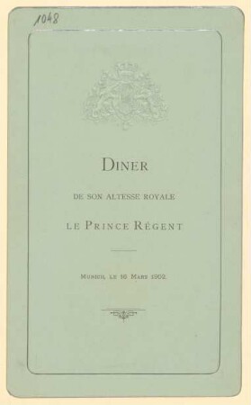 Menükarte : Diner de Son Altesse Royale le Prince Regent