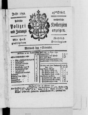 45tes Stück., Ausgabe vom 7. November 1792