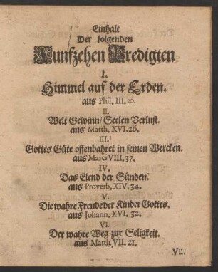 Einhalt Der folgenden Funfzehen Predigten