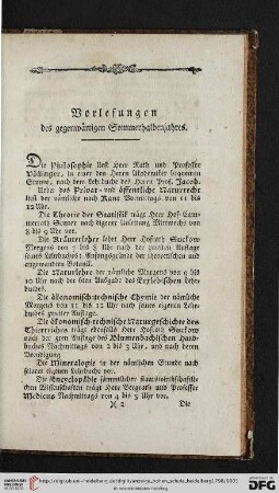 Vorlesungen des gegenwärtigen Sommerhalbenjahres
