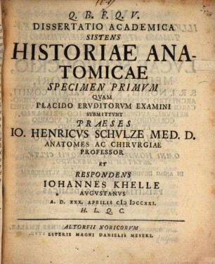 Dissertatio Academica Sistens Historiae Anatomicae Specimen Primum
