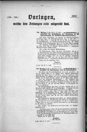 Anlage: (724-728.), Vorlagen, welche den Zeitungen nicht mitgeteilt sind, 26. September 1919