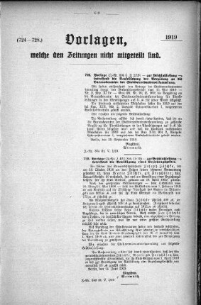 Anlage: (724-728.), Vorlagen, welche den Zeitungen nicht mitgeteilt sind, 26. September 1919