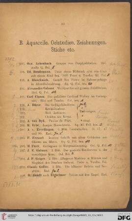B. Aquarelle, Oelstudien, Zeichnungen, Stiche etc. (Nr. 193 - 275)