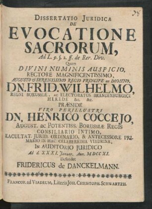 Dissertatio Iuridica De Evocatione Sacrorum, Ad L. 9. §. 2. ff. de Rer. Div.