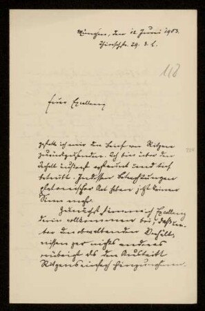 118: Brief von Karl von Unzer an Gottlieb Planck, München, 12.6.1903
