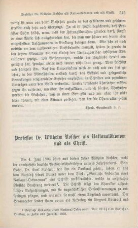 515-525 Professor Dr. Wilhelm Roscher als Nationalökonom und als Christ