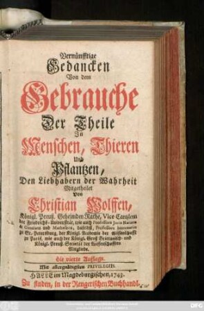 Vernünfftige Gedancken Von dem Gebrauche Der Theile In Menschen, Thieren Und Pflantzen