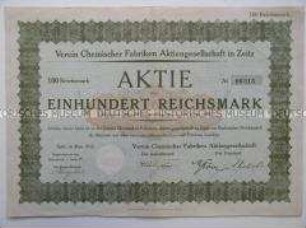 Aktie des Vereins Chemischer Fabriken Aktiengesellschaft in Zeitz über 100 Mark mit Erneuerungsschein und Dividendenscheinen