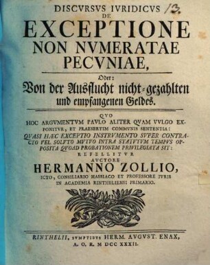 De exceptione non numeratae pecuniae : Oder: Von d. Ausflucht nicht-gezahlten u. empfangenen Geldes