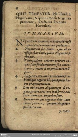 Quis Teneatur Probare Negativam, & quibus modis Negativa probetur, Tractatus Francisci Herculani. Summarium