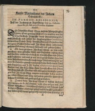 XV. Kayser Maximilians des Andern Schlussschrifft/ In Puncto Religionis. ... Anno 1576 zugestelt.