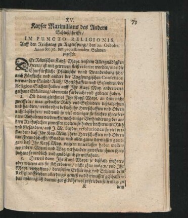 XV. Kayser Maximilians des Andern Schlussschrifft/ In Puncto Religionis. ... Anno 1576 zugestelt.