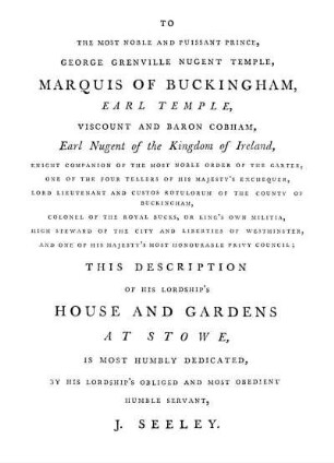 To The Most Noble And Puissant Prince, George Grenville Nugent Temple, Marquis Of Buckingham, Earl Temple, Viscount And Baron Cobham, Earl Nugent of the Kingdom of Ireland [...]