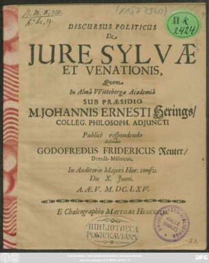 Discursus Politicus De Iure Sylvae Et Venationis