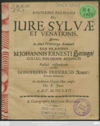Discursus Politicus De Iure Sylvae Et Venationis