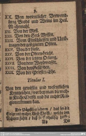 Titulus I. Von den gewissen und wesentlichen Kennzeichen, worbey man die wahre Kirche Christi und die rechte Religion erkennen kan