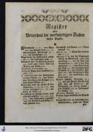 Register oder Verzeichniß der merkwürdigern Sachen dieses Buchs.
