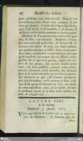 Lettre XXXV. A la même. Vendredi 3. Avril, 1671