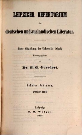 Leipziger Repertorium der deutschen und ausländischen Literatur, 38. 1852 = Jg. 10, Bd. 2