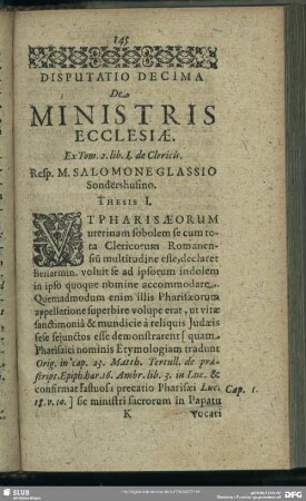 Disputatio Decima De Ministris Ecclesiae.