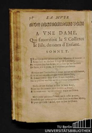 A Vne Dame, Qui fauorisoit le Sr Colletet le Fils, du nom d'Enfant. Sonnet.