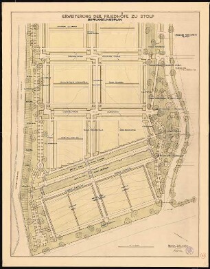 Erweiterung der Friedhöfe, Stolp: Bepflanzungsplan auf Lichtpause von Inv.-Nr. 41170 (Grundriss des nordwestlichen Teils der geplanten Erweiterung) 1:250, Maßstabsleiste; Stempel