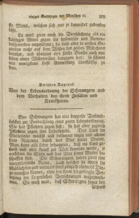Drittes Kapitel. Von der Lebensordnung der Schwangern und dem Verhalten bey ihren Zufällen und Krankheiten