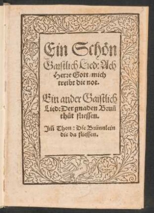 Ein Schœn || Gaistlich Lied: Ach || Herre Gott, mich || treibt die not.|| Ein ander Gaistlich || Lied: Der gnaden Brunn || th°ut fliessen.|| Jmm thon: Die Brünnlein || die da fliessen.||